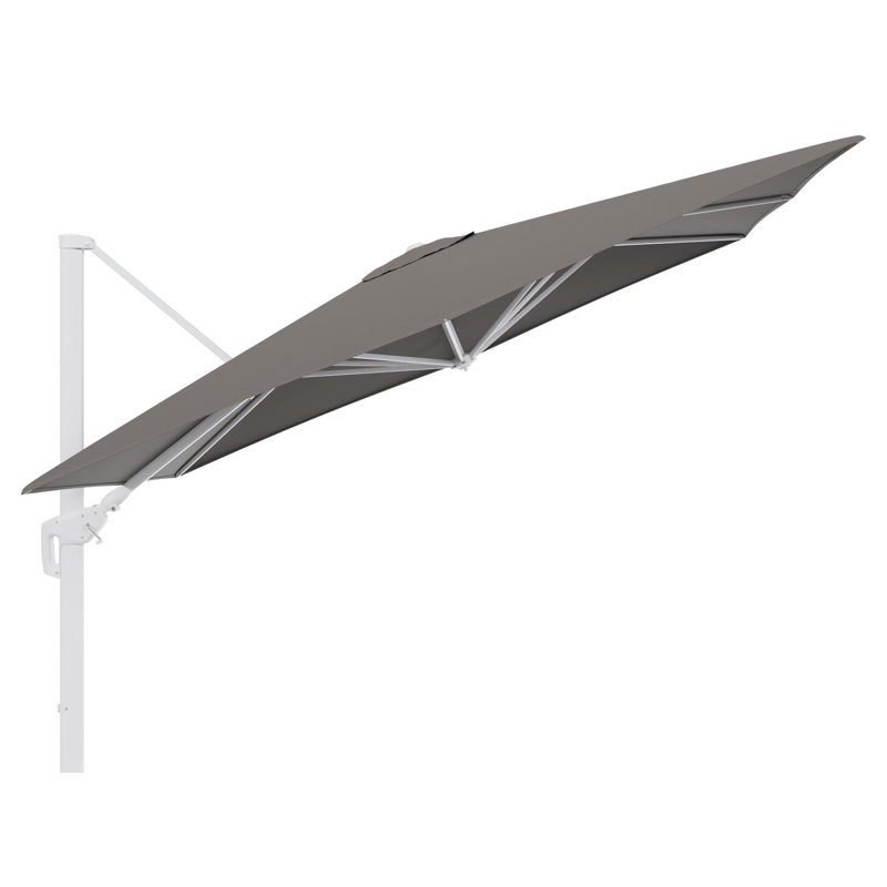Minore zweefparasol tiltfunctie in wit aluminium en parasoldoek in All Weather Sunbrella® Luxe Natte Carbon Beige  - L1 280 x L2: 370 cm (zonder voet)
