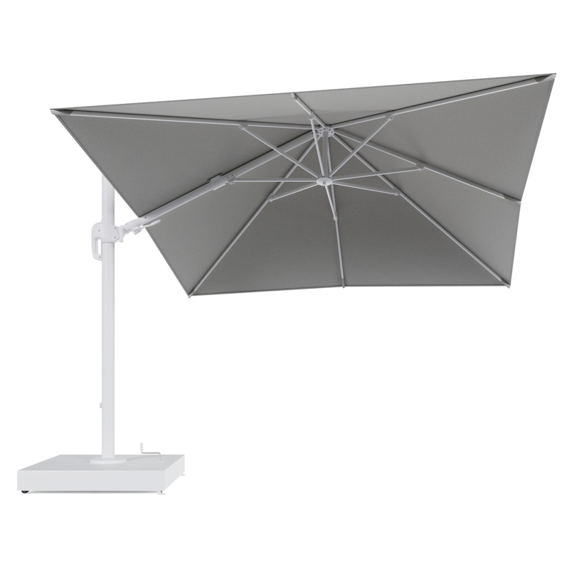 Rufina zweefparasol met tiltfunctie in wit aluminium en Savane Nimbus All Weather Sunbrella® Luxe parasoldoek - L1 300 x L2 300 cm met parasolvoet Minore 260 kg met wielen