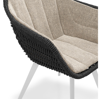 Pagino tuinstoel in wit aluminium en zwart ronde wicker met zitkussen in All Weather Sunbrella® Luxe Chartres Pewter