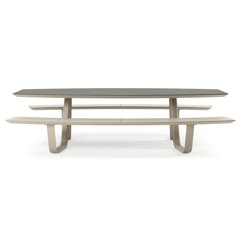 Table de pique-Forno forme de bateau en aluminium beige et céramique pleine Calatorao - Lg. 280 x Lrg. 192 x Haut. 72 cm