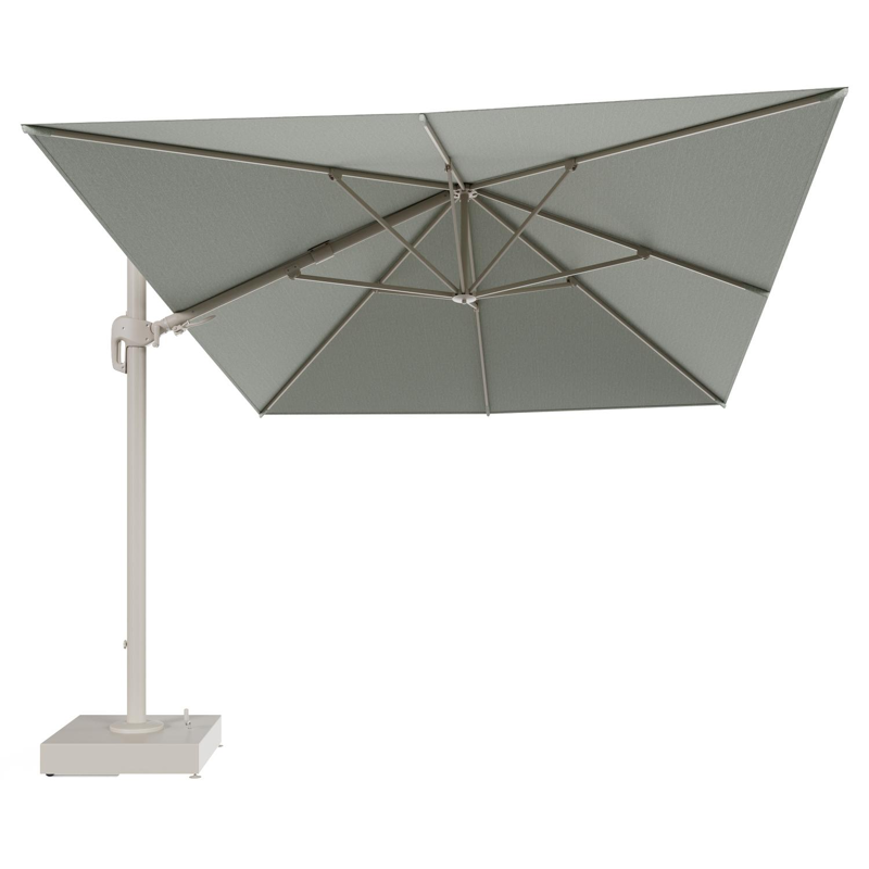 Rufina zweefparasol met tiltfunctie in beige aluminium en Slow Spirea All Weather Sunbrella® Luxe parasoldoek - L1 400 x L2 300 cm met parasolvoet Minore 150 kg met wielen