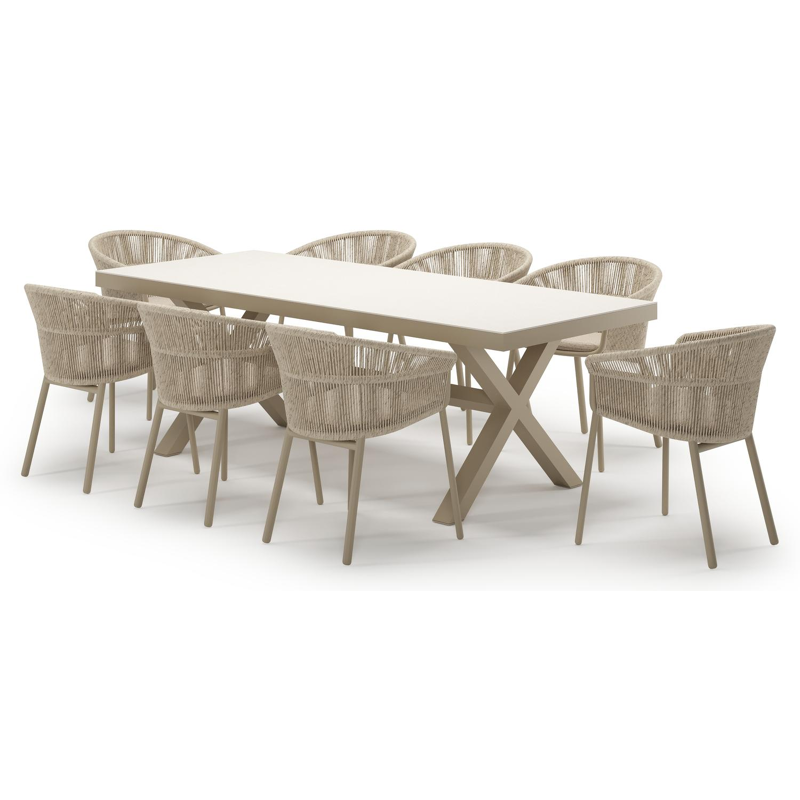 Reza tuinset in beige aluminium en crema minerale sintered stone met 8 stapelbare Matera tuinstoelen