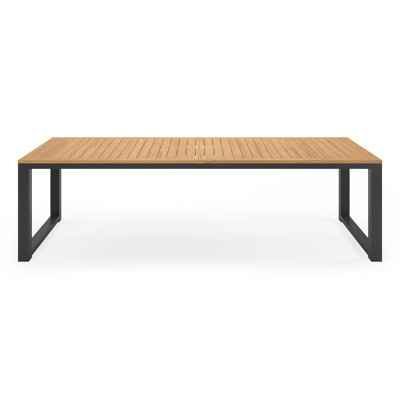 Livo tuinset in zwart aluminium en natural finish teak tafelblad met 8 stapelbare Matera tuinstoelen