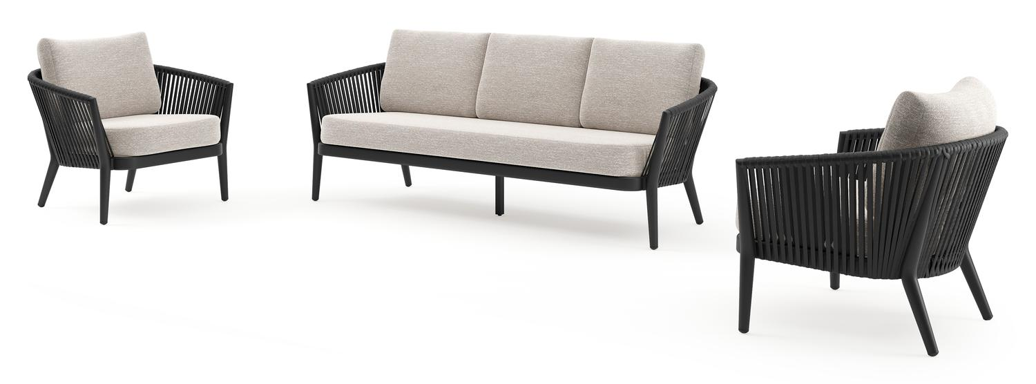 Orso loungeset in zwart aluminium en zwart verticaal geweven ronde rope met Tundra Sand all weather sunbrella® luxe kussen