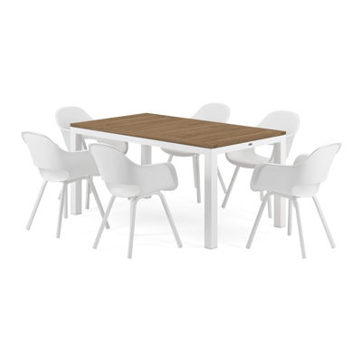 Varese tuinset in wit aluminium en naturel teak tafelblad met 6 Artena tuinstoelen
