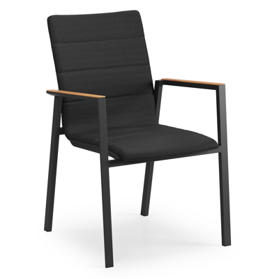 Cirello stapelbare tuinstoel in zwart aluminium en zwart luxe comfort textilene en teak armleuning