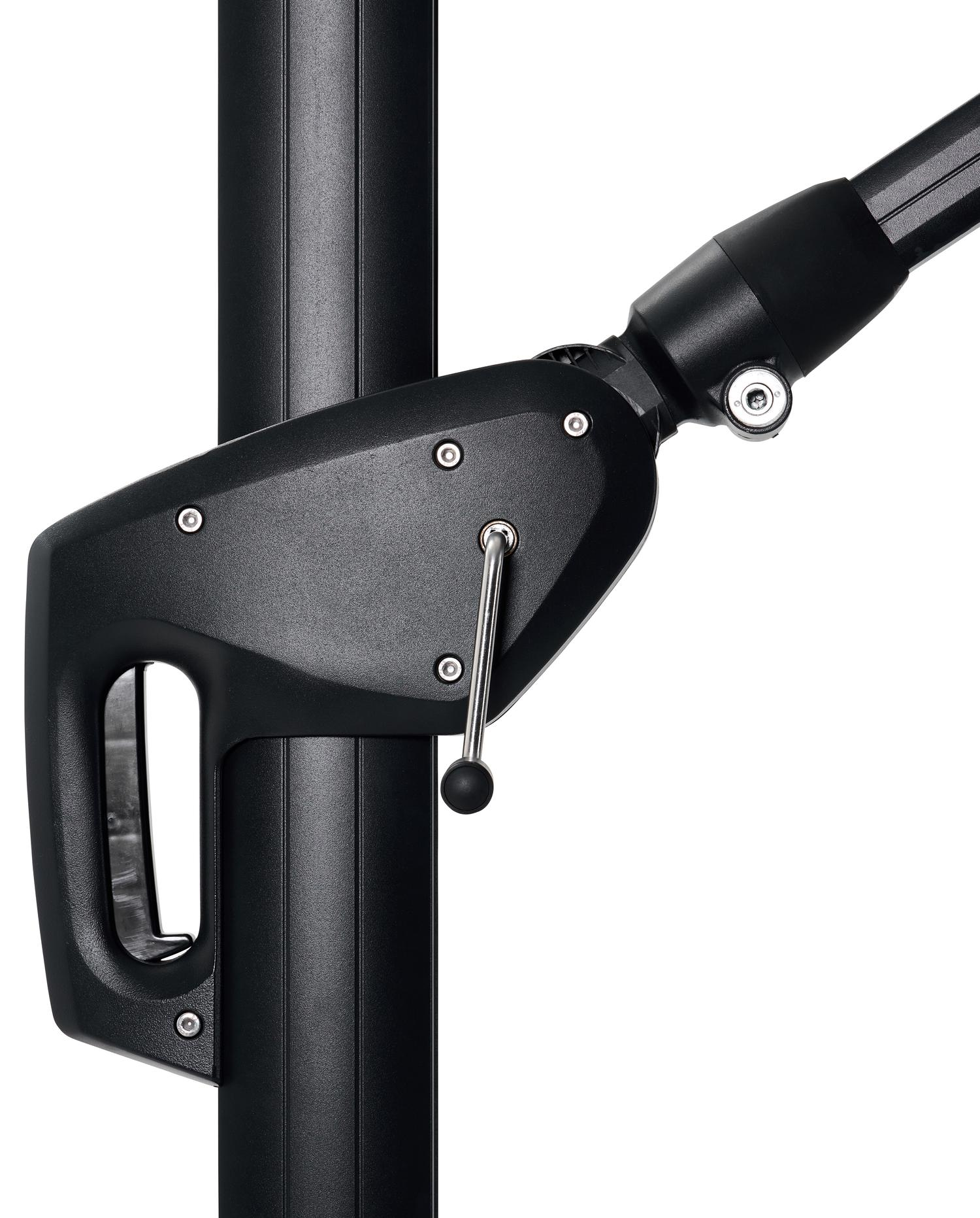 Minore zweefparasol met tiltfunctie in zwart aluminium met zwart all weather sunbrella® premium parasoldoek - L1 400 x L2 300 cm (zonder voet)