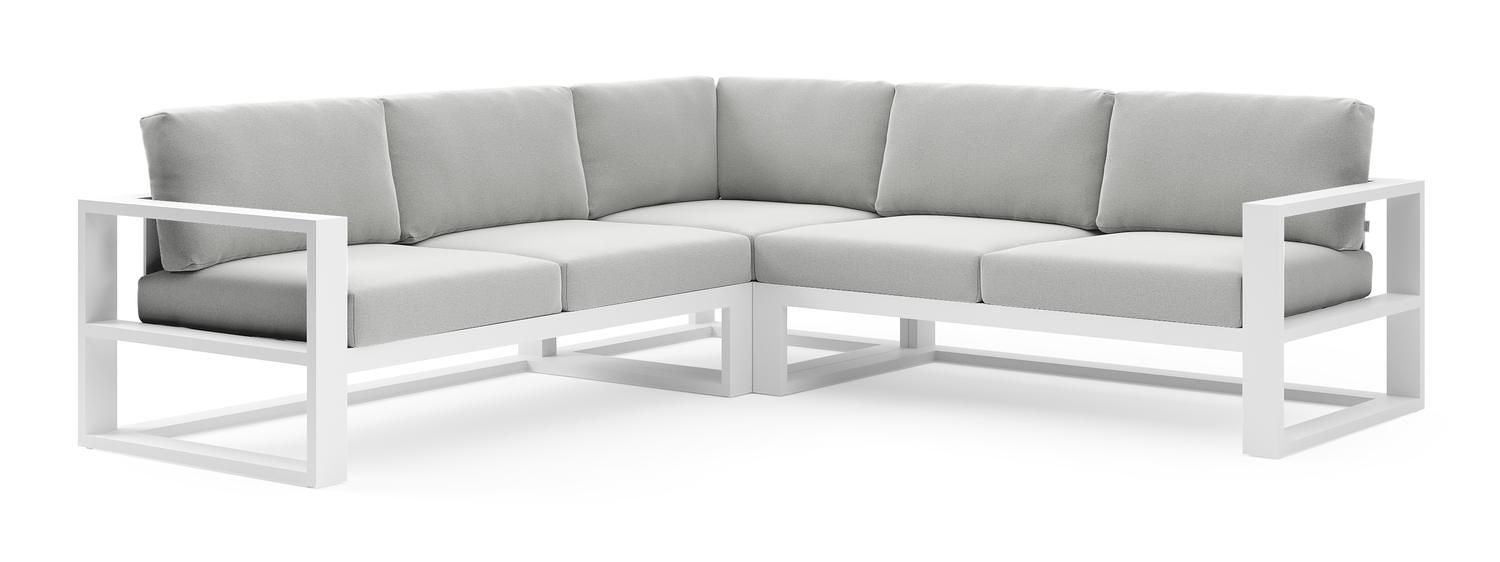 Verato loungehoek in wit aluminium met natte grey chine all weather sunbrella® luxe kussen