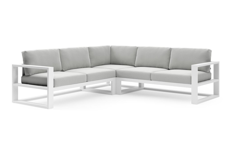 Verato loungehoek in wit aluminium met natte grey chine all weather sunbrella® luxe kussen