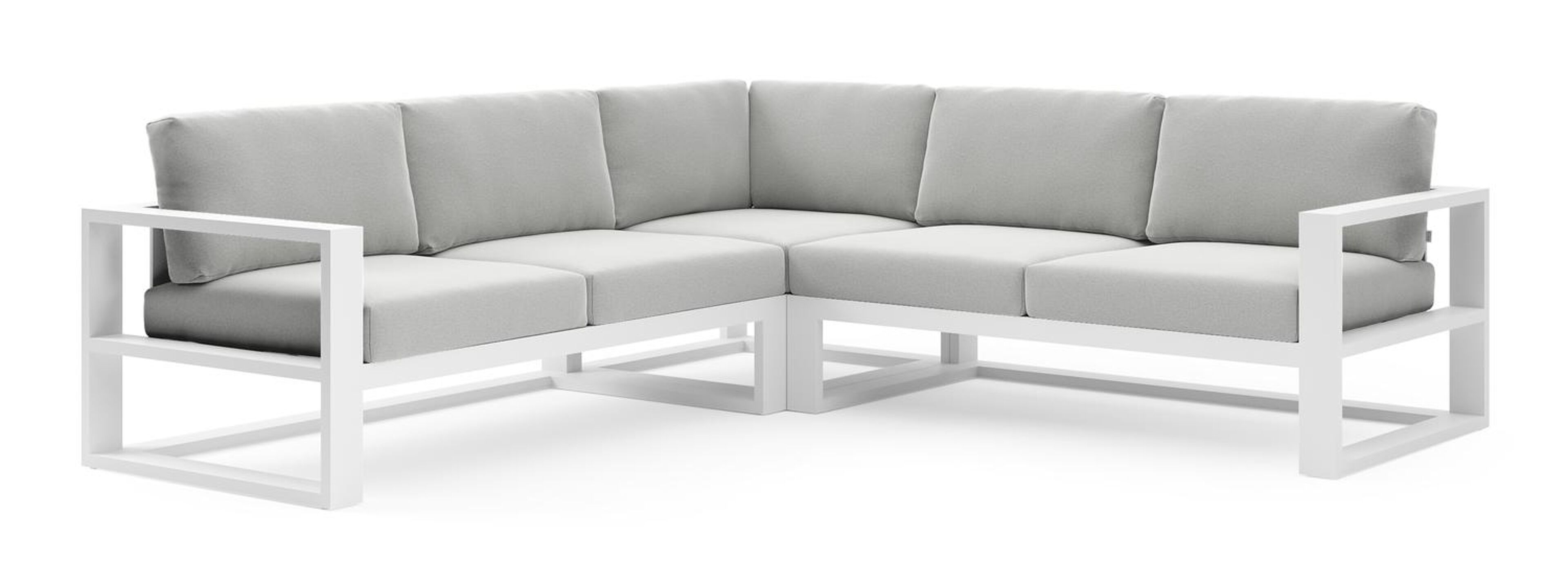 Salon de jardin d'angle Verato en aluminium blanc et coussins en all weather sunbrella® luxe natte grey chine