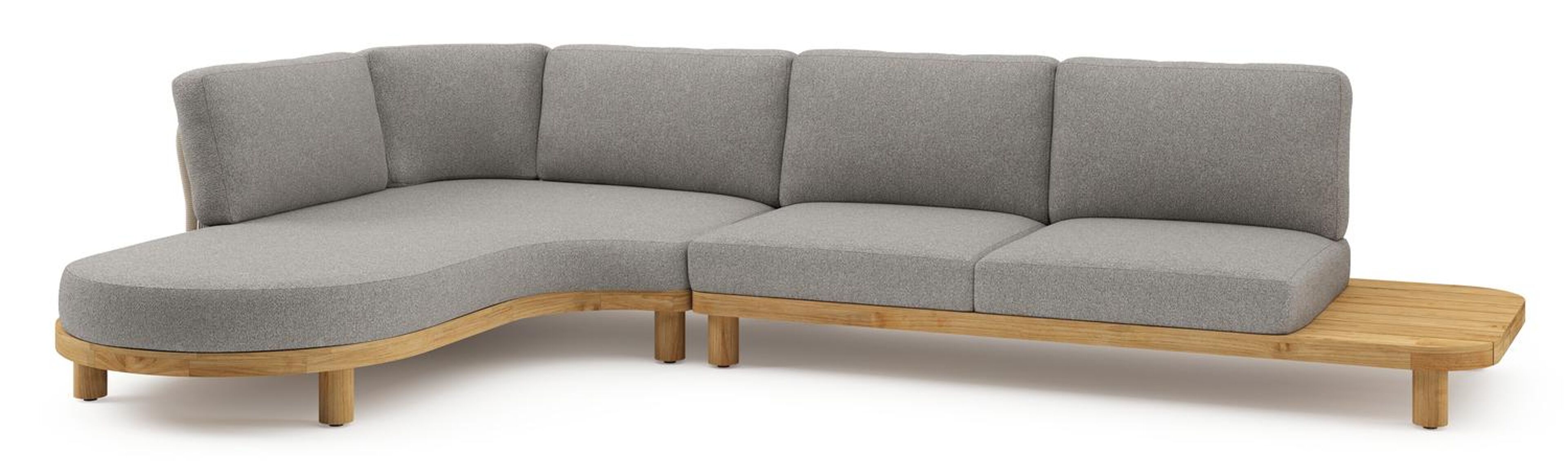 Donato loungehoek in teak en beige verticaal geweven ronde rope met all weather sunbrella® luxe Tundra Charcoal kussen