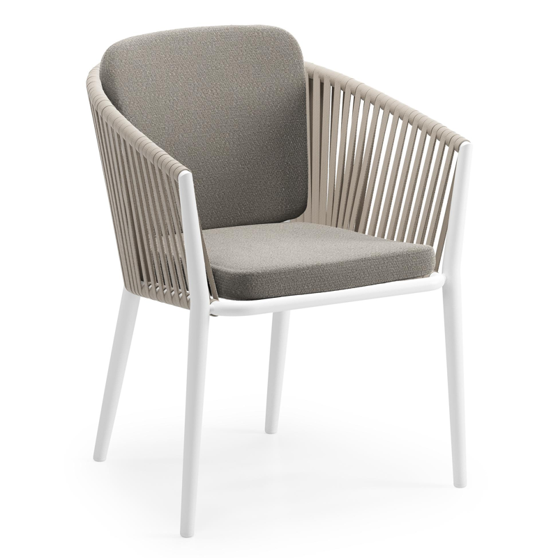 Chaise de jardin Orso en aluminium blanc et corde plate tissée verticalement beige avec coussin en All Weather Sunbrella® Luxe Lopi Silver