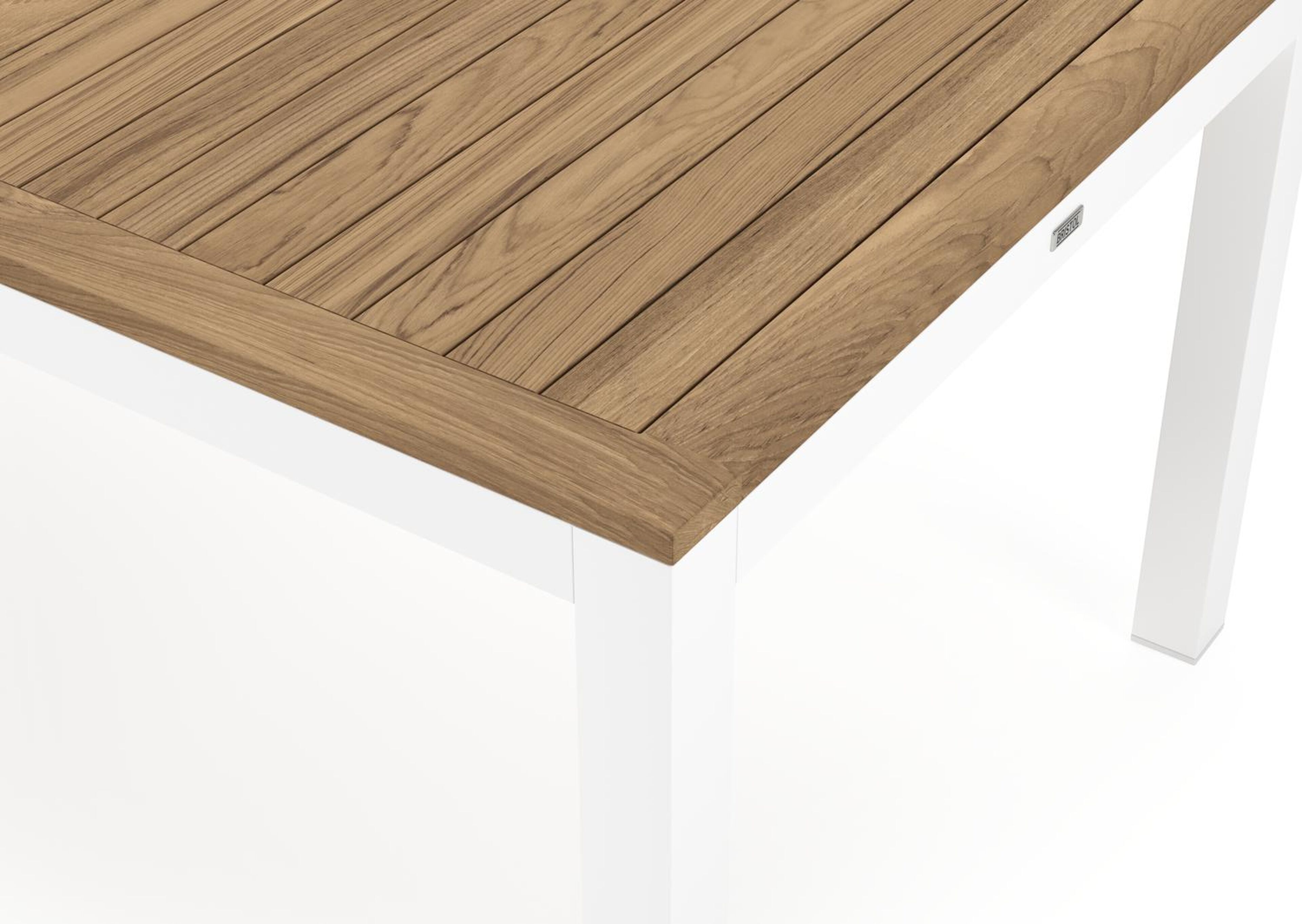 Varese tuinset in wit aluminium en naturel teak tafelblad met 10 stapelbare Madura tuinstoelen