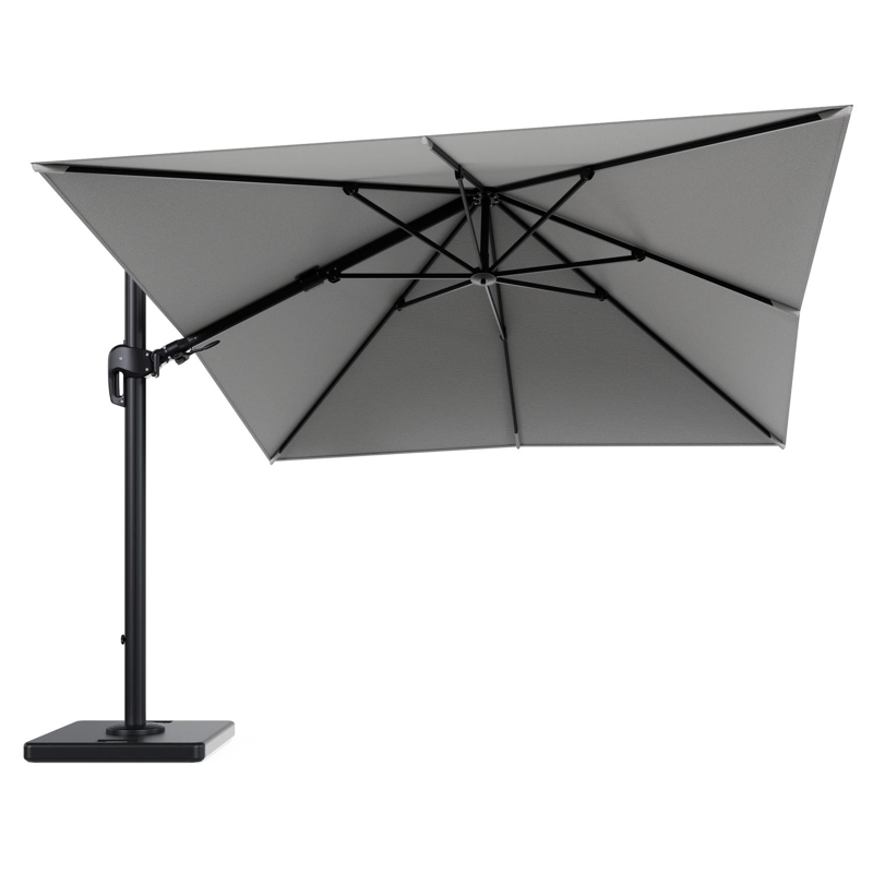 Rufina zweefparasol tiltfunctie in zwart aluminium en parasoldoek in All Weather Sunbrella® Luxe Savane Nimbus - L1 300 x L2 300 cm met parasolvoet Lapido 120 kg