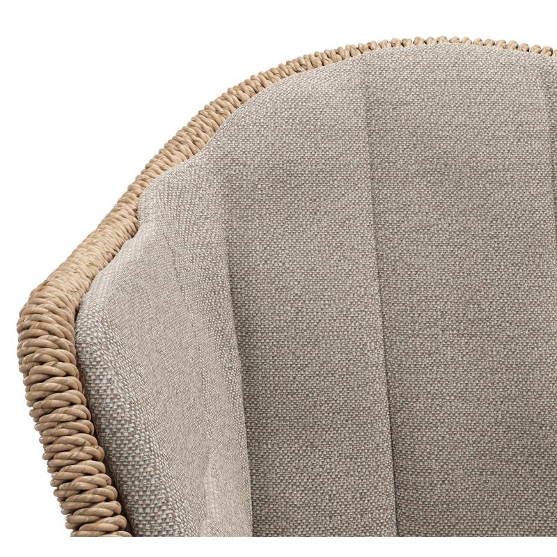 Pagino tuinstoel in wit aluminium en naturel ronde wicker met zitkussen in All Weather Sunbrella® Luxe Savane Coconut