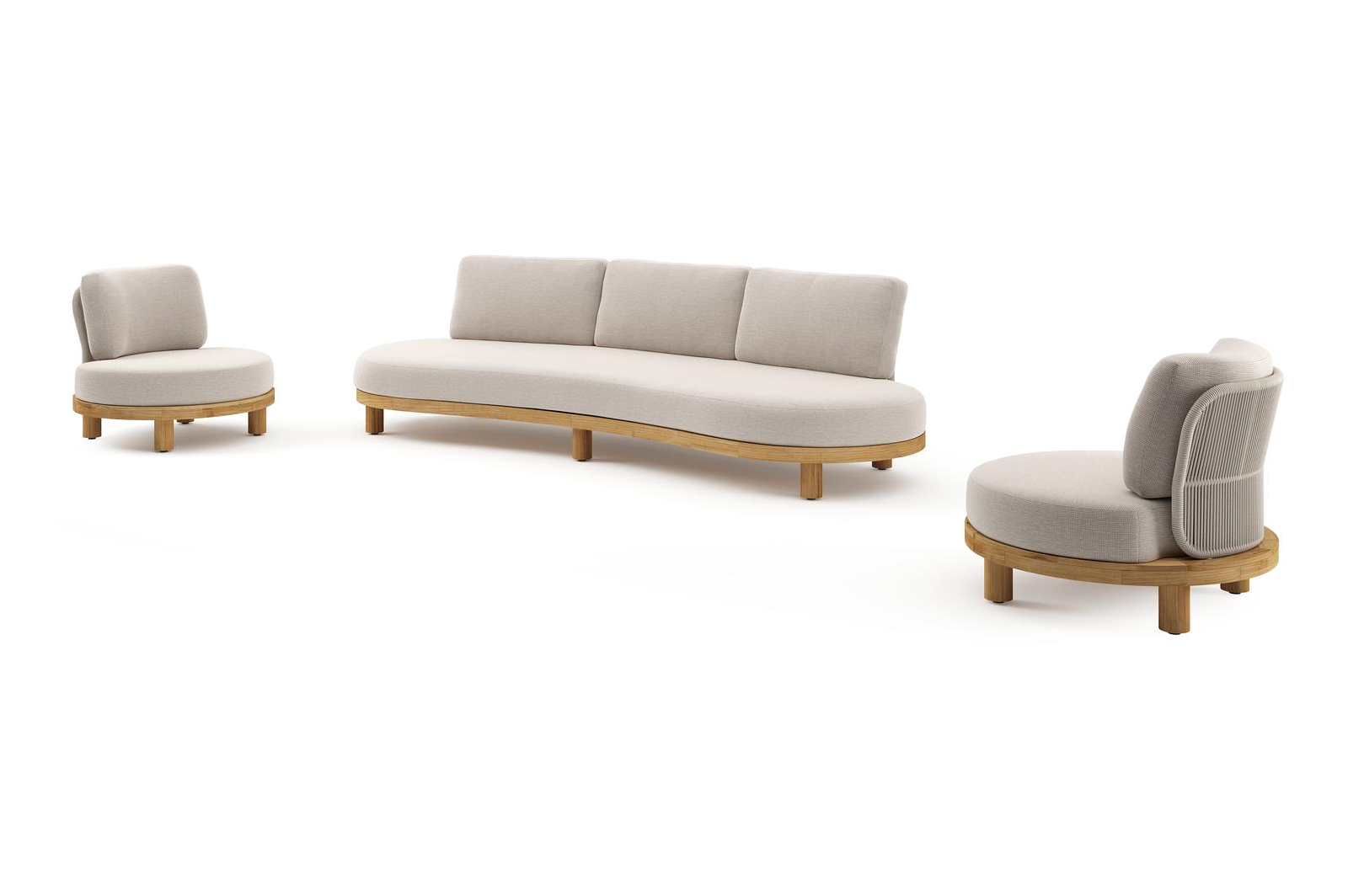 Salon de jardin Donato en teck et corde ronde tissée verticalement beige et coussins en all weather sunbrella® luxe Slow Farafra