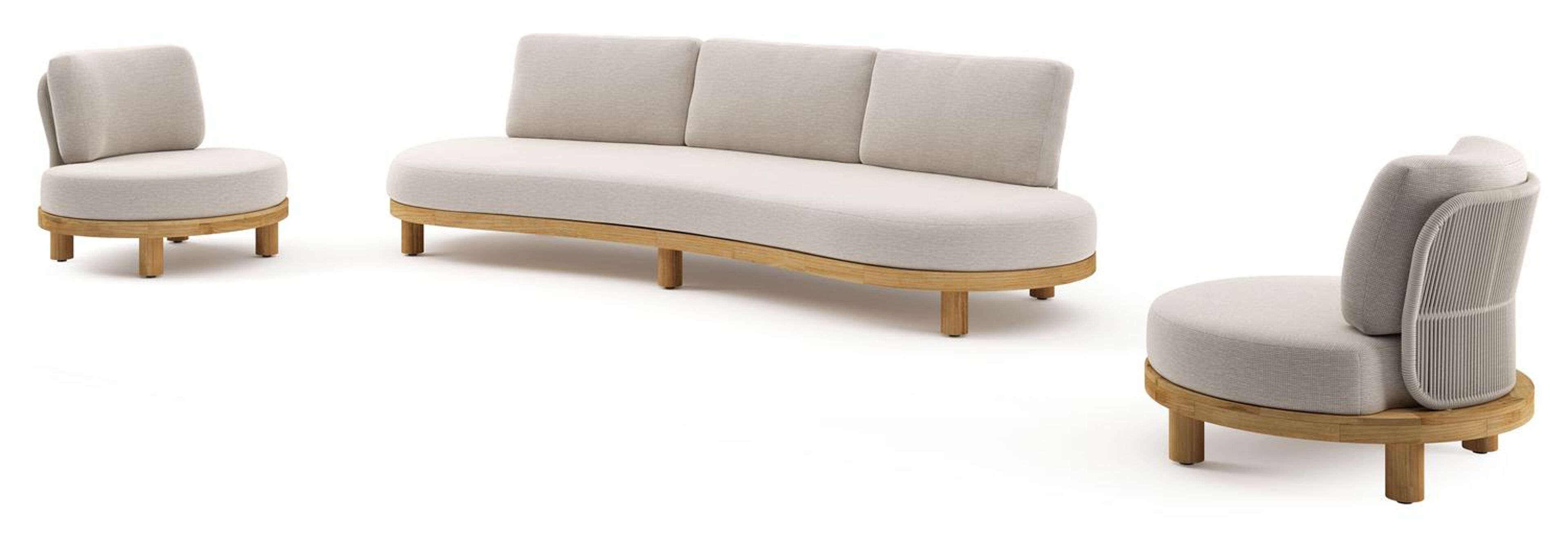 Salon de jardin Donato en teck et corde ronde tissée verticalement beige et coussins en all weather sunbrella® luxe Slow Farafra