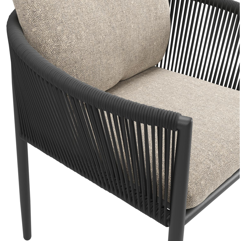Organo tuinstoel in beige aluminium en beige verticaal geweven ronde rope met stoelkussen in All Weather Sunbrella® Luxe Chartres Pewter