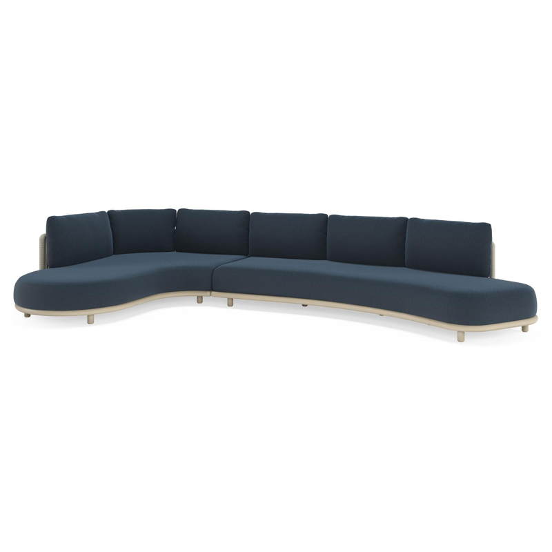 Lomano loungehoek in beige aluminium en beige verticaal geweven luxe vlakke rope met Heritage Indigo All Weather sunbrellaÂ® luxe