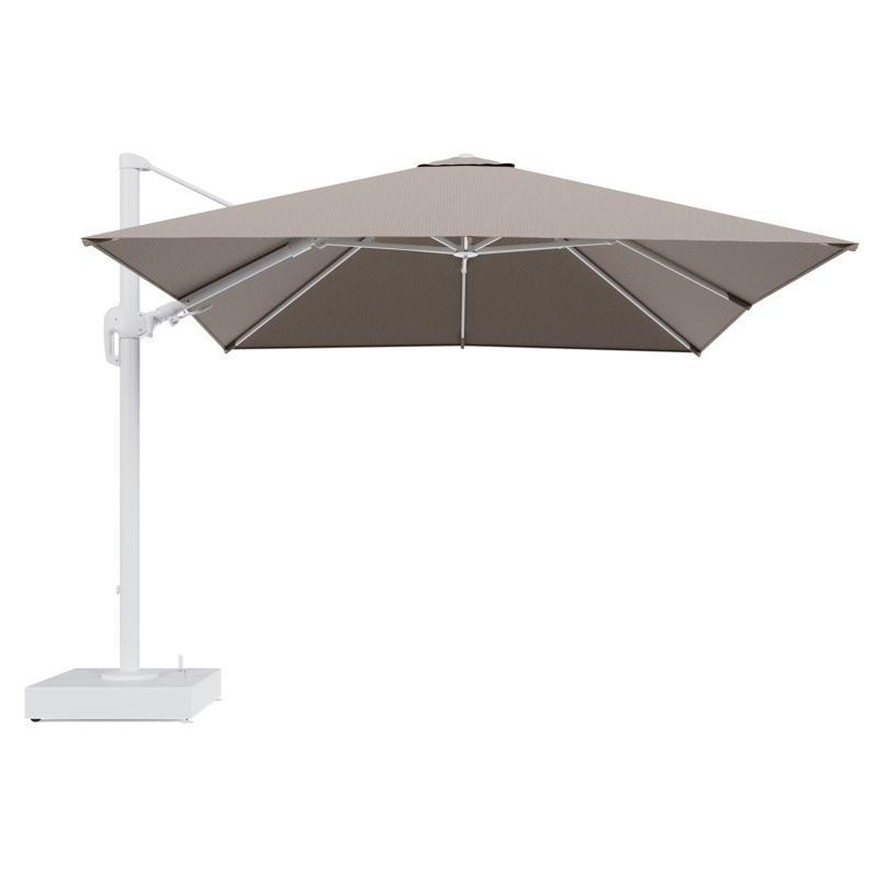 Rufina zweefparasol met tiltfunctie in wit aluminium en Firenze Earth All Weather Solica parasoldoek - L1 300 x L2 300 cm met parasolvoet Minore 150 kg met wielen
