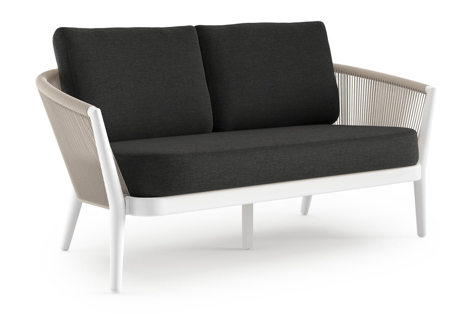 Canapé de jardin Orso en aluminium blanc en corde ronde tissée verticalement beige et coussins en all weather sunbrella® luxe Chartres Sooty