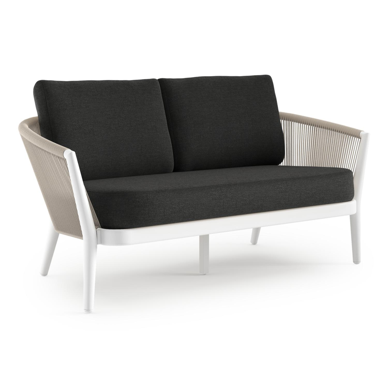 Canapé de jardin Orso en aluminium blanc en corde ronde tissée verticalement beige et coussins en all weather sunbrella® luxe Chartres Sooty