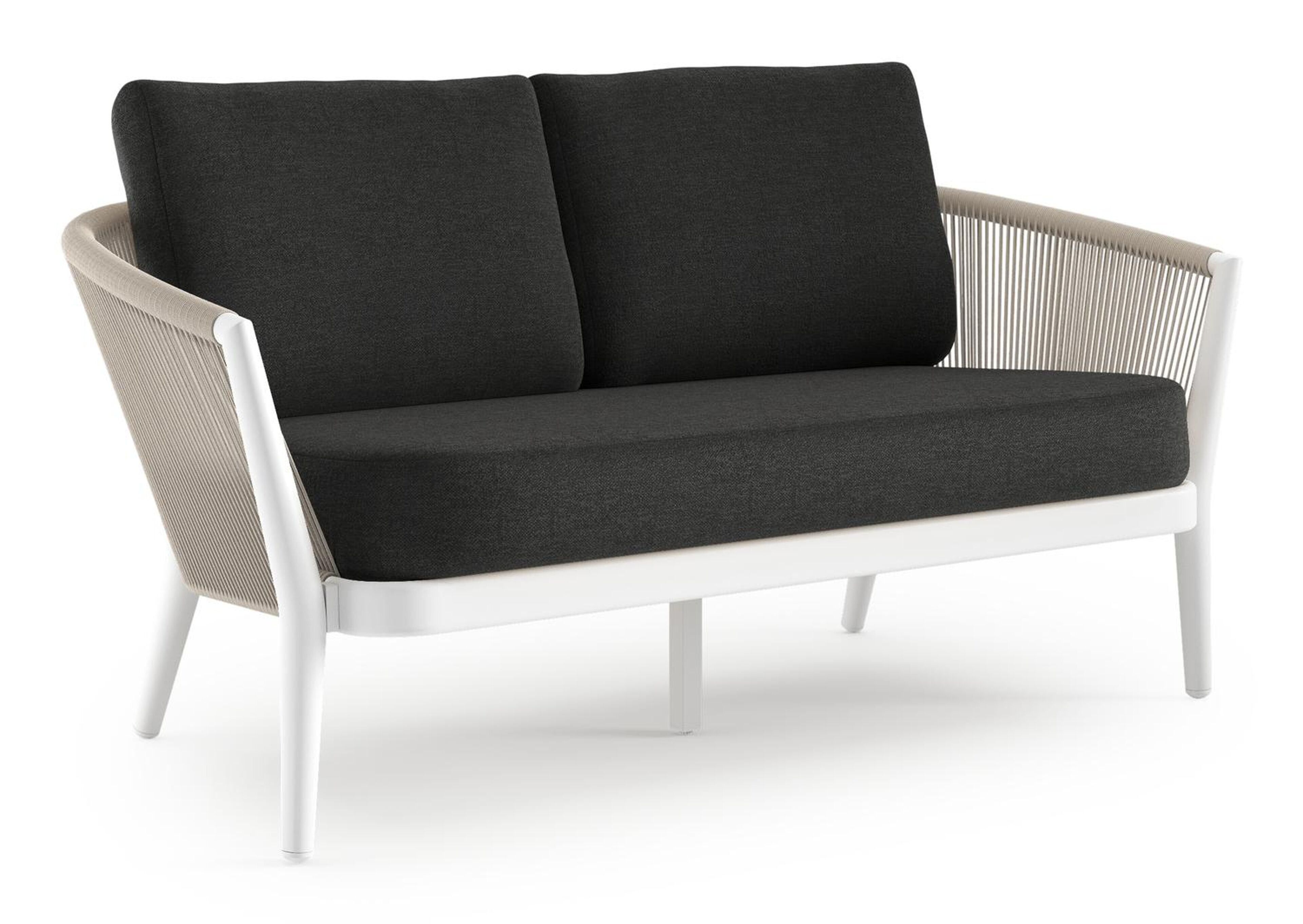 Canapé de jardin Orso en aluminium blanc en corde ronde tissée verticalement beige et coussins en all weather sunbrella® luxe Chartres Sooty