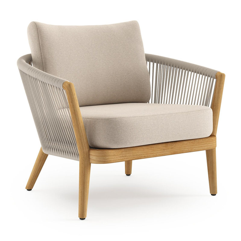 Orso loungestoel in teak en beige verticaal geweven ronde rope met Heritage Ash all weather sunbrella® luxe kussen