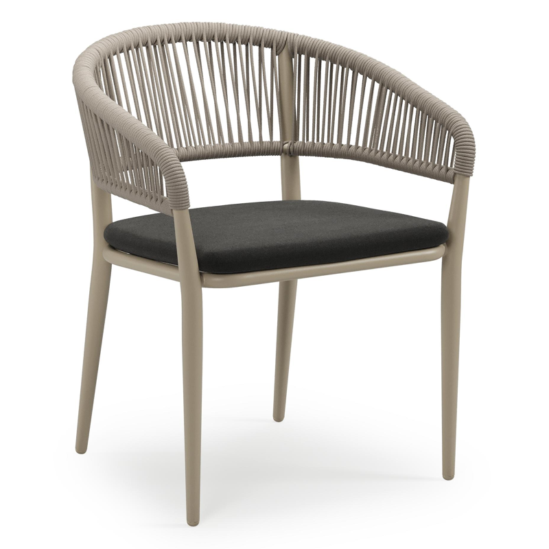 Tolfa stapelbare tuinstoel in beige aluminium en beige verticaal geweven ronde rope met stoelkussen in All Weather Sunbrella® Luxe Natte Sooty