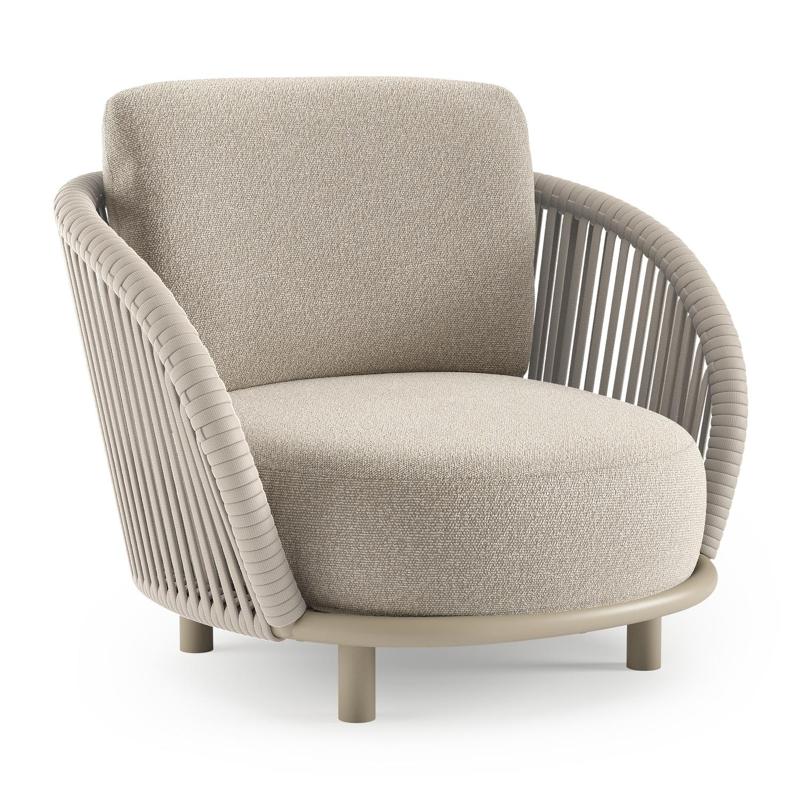 Lupino loungestoel in beige aluminium en beige verticaal geweven luxe vlakke brede rope met marbella ecru all weather cosytica kussen