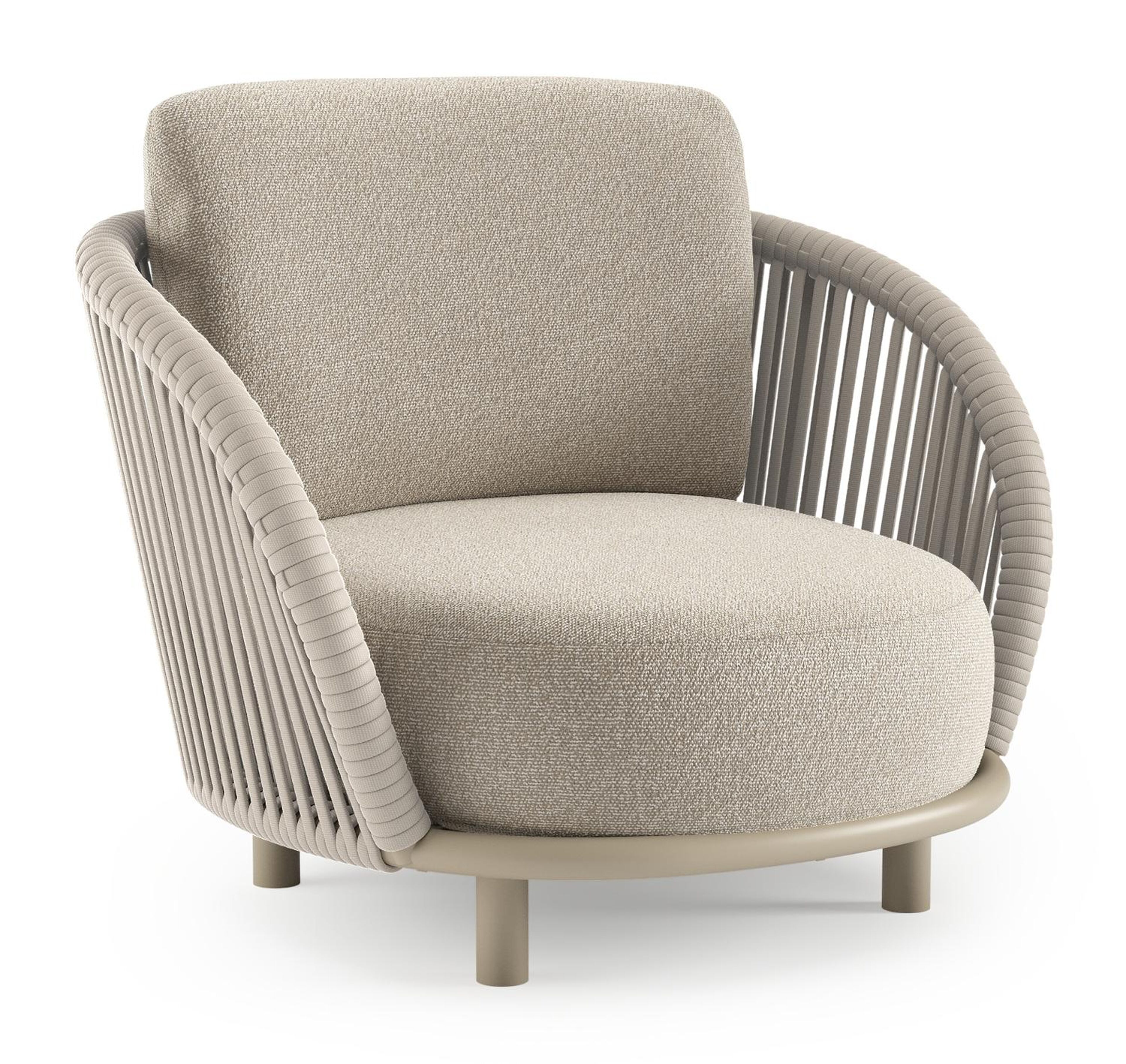 Lupino loungestoel in beige aluminium en beige verticaal geweven luxe vlakke brede rope met marbella ecru all weather cosytica kussen