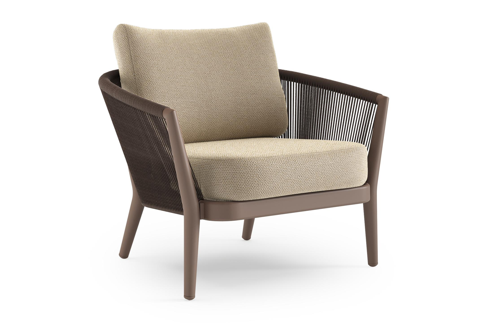 Orso loungestoel in taupe aluminiumen zwart verticaal geweven ronde rope met Althea Camel all weather cosytica kussen