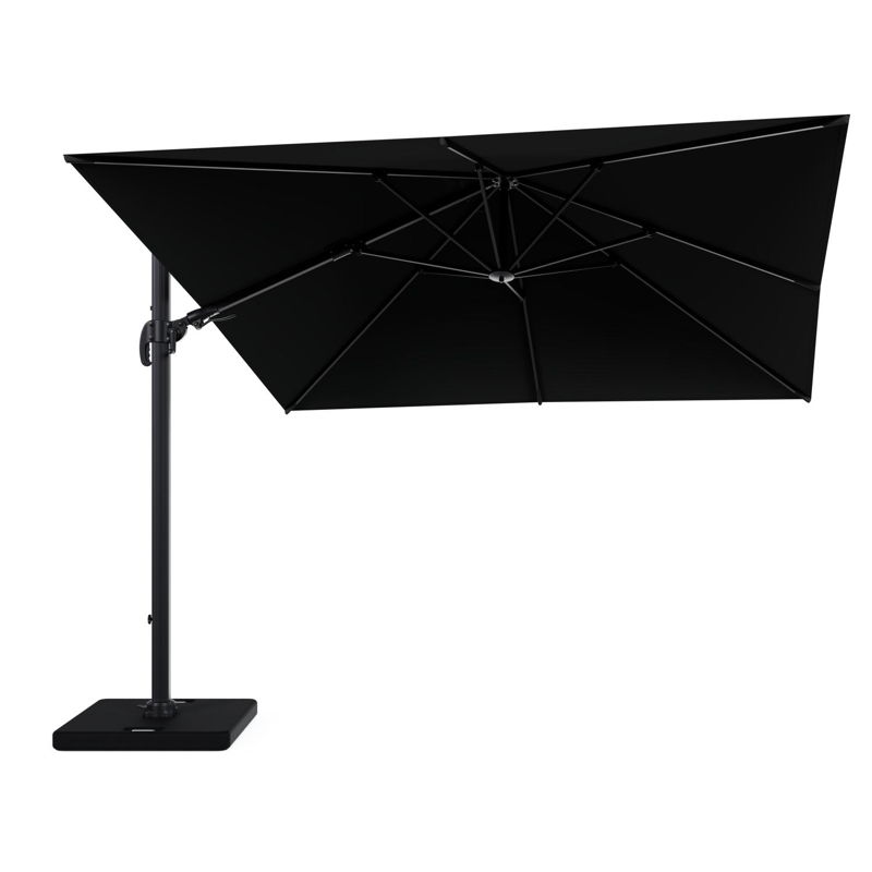 Parasol pendant Avola avec fonction tilt en aluminium noir avec toile de parasol en weather+ softtouch noir - Lg1: 300 x Lg2: 300 cm avec pied de parasol Pedito 120 kg