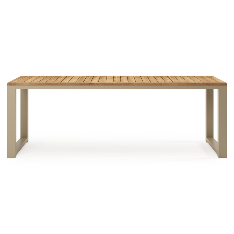 Table de jardin Livo rectangulaire en aluminium beige et teck Naturel - Lg. 220 x Lrg. 92 x Haut. 73.5 cm