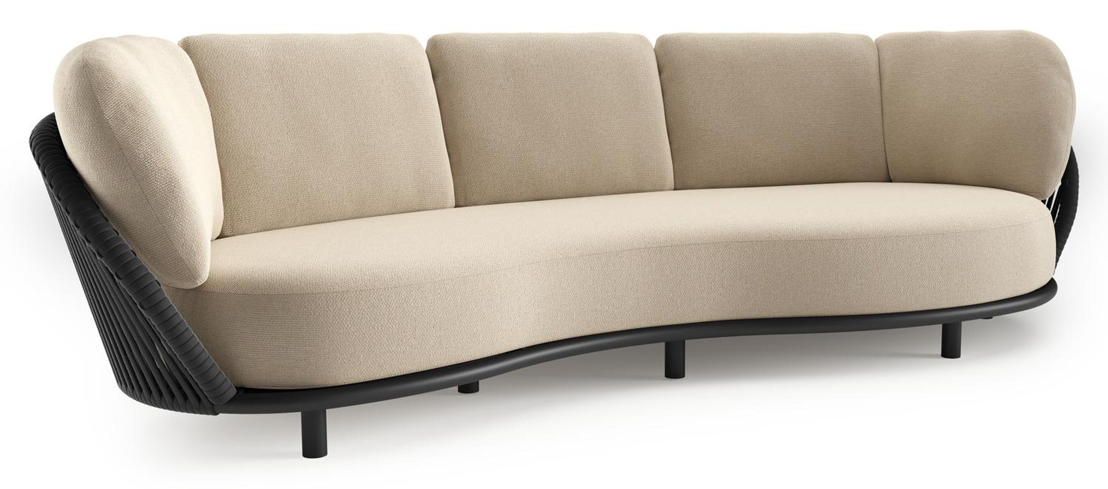 Canapé de jardin Lupino en aluminium noir et corde large plate de luxe tissée verticalement noir et coussins en all weather cosytica althea chalk