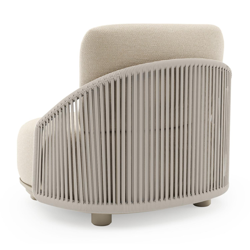 Fauteuil de jardin Vadelo en aluminium beige et corde ronde tissée verticalement beige et coussins en all weather cosytica althea chalk