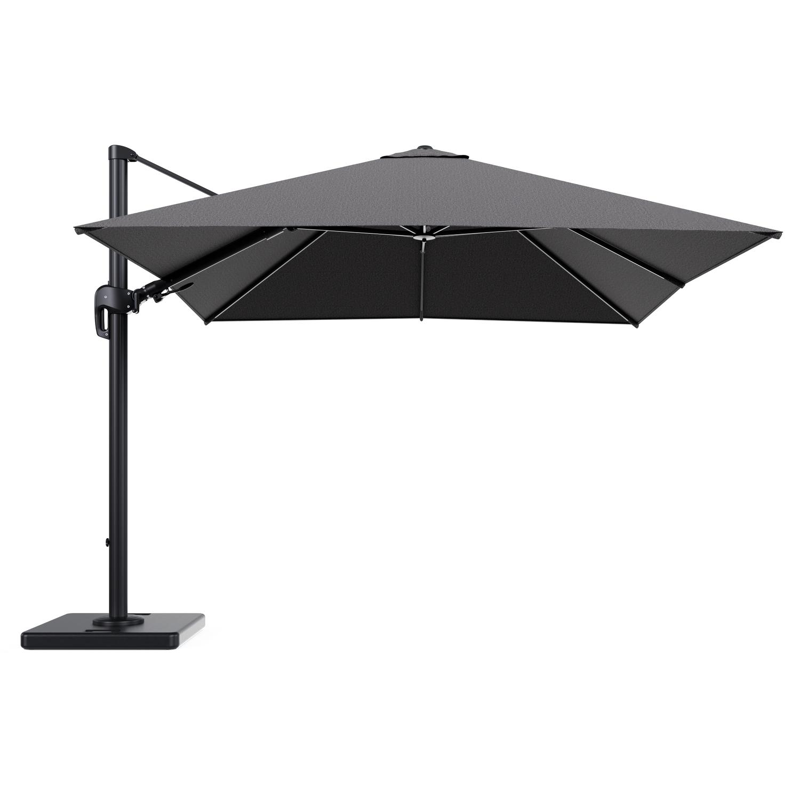 Parasol pendant Rufina avec fonction tilt en aluminium noir et toile de parasol en All Weather Solica Firenze Tunder - Lg.1 300 x Lg.2 300 cm avec pied de parasol Lapido 120 kg
