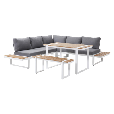 Merida loungehoek in wit aluminium en polywood met grijs polyester kussen en loungetafel