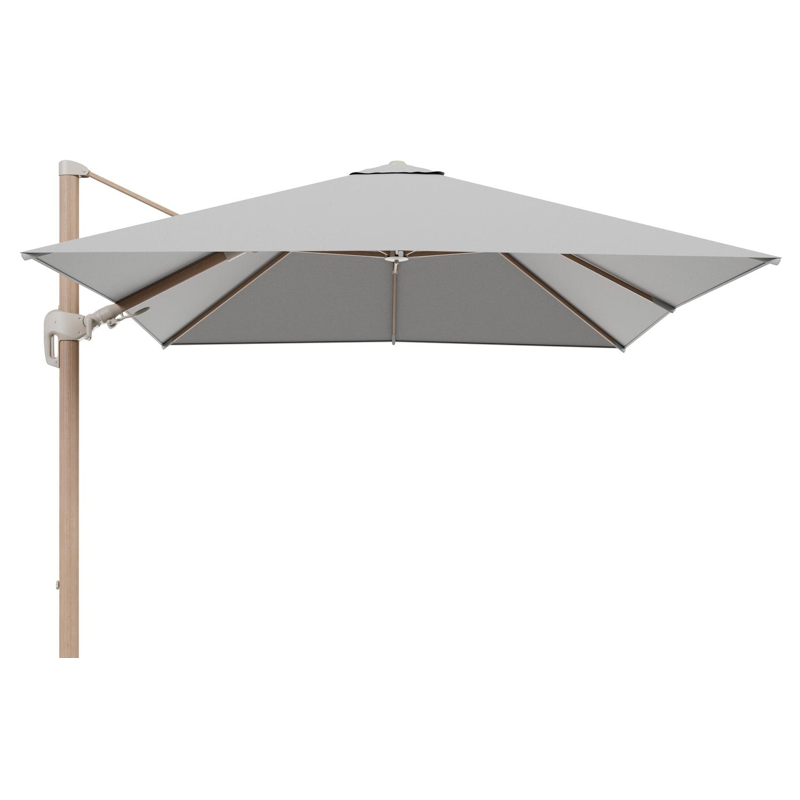 Rufina zweefparasol tiltfunctie in houtlook aluminium en parasoldoek in All Weather Sunbrella® Luxe Savane Nimbus  - L1 300 x L2 300 cm (zonder voet)
