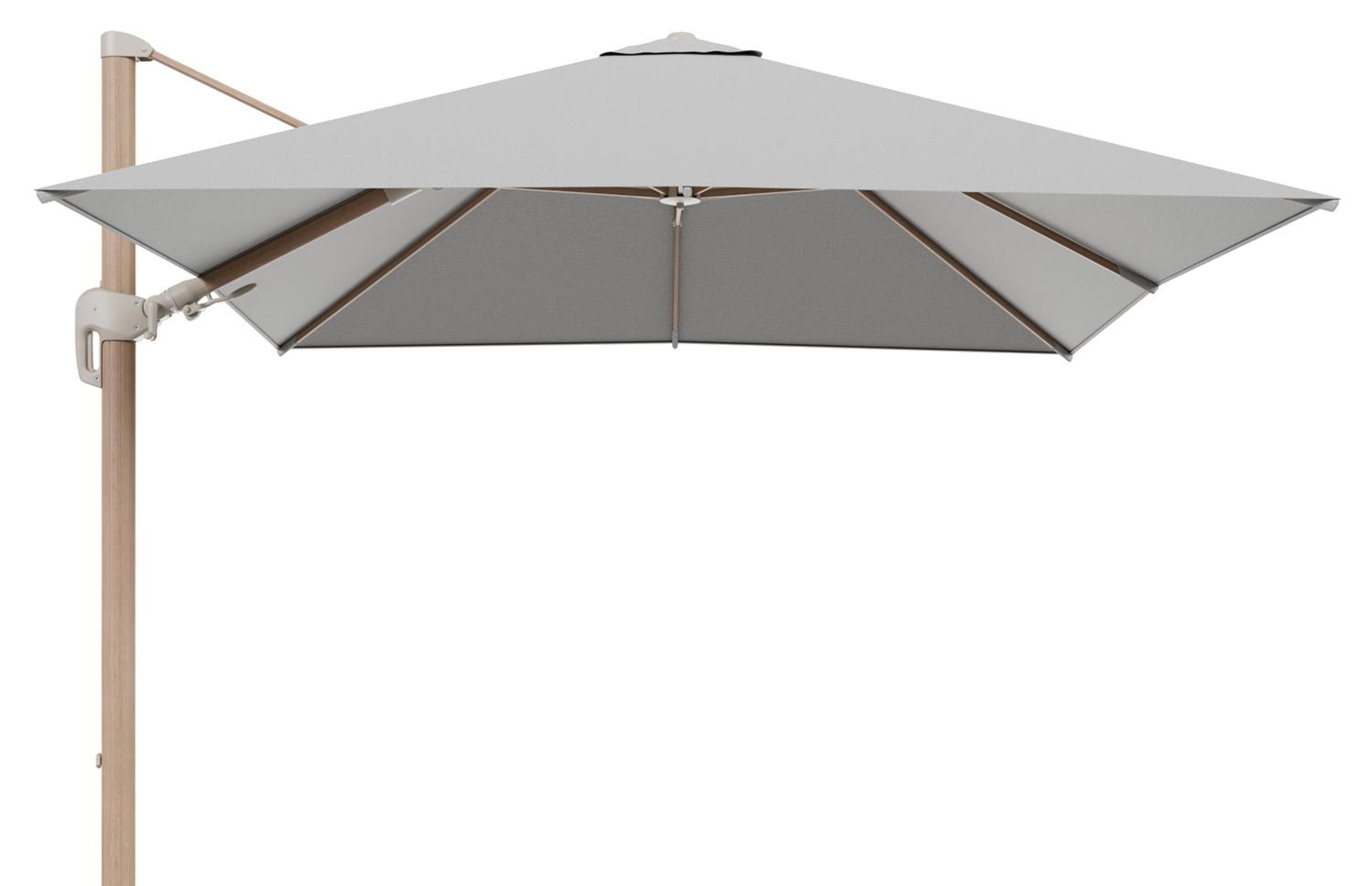 Rufina zweefparasol tiltfunctie in houtlook aluminium en parasoldoek in All Weather Sunbrella® Luxe Savane Nimbus  - L1 300 x L2 300 cm (zonder voet)