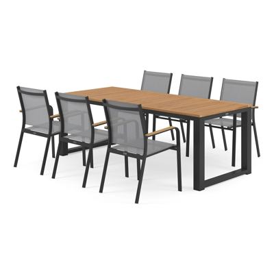 Ensemble de jardin Livo en aluminium noir avec plateau de table en teck naturel et 6 chaises de jardin empilables Amalfi