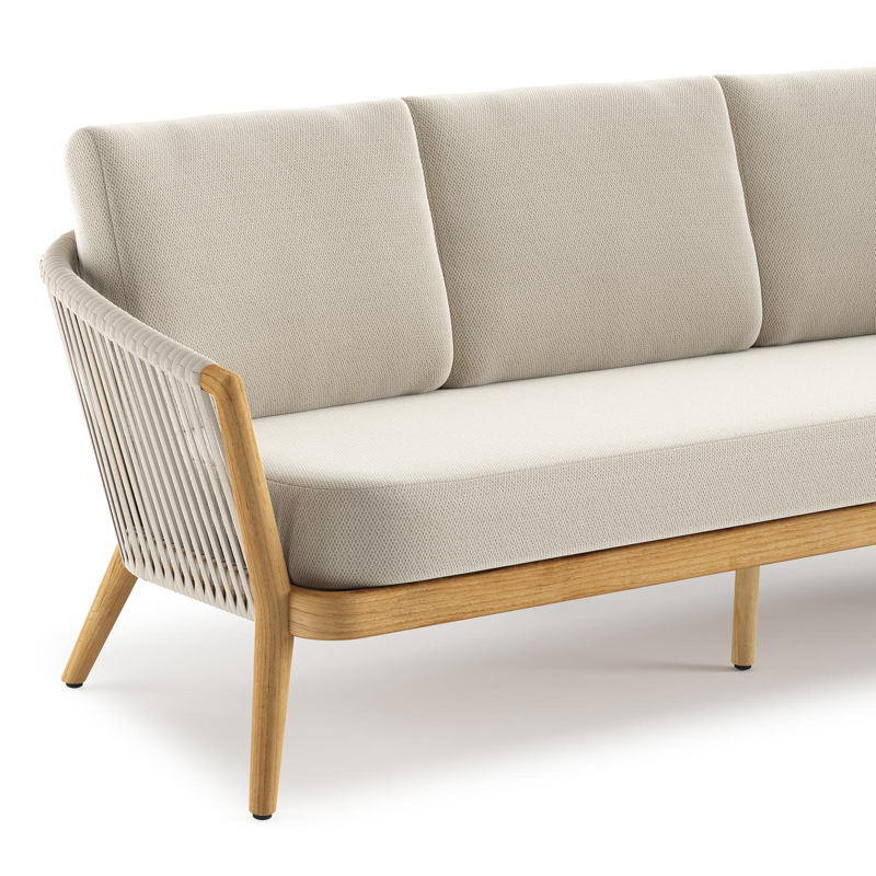 Orso loungebank in teak en beige verticaal geweven luxe vlakke rope met Lopi Marble all weather sunbrella® luxe kussen