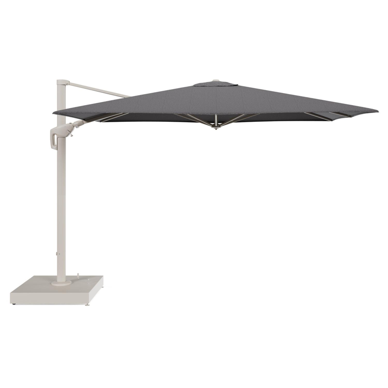 Minore zweefparasol met tiltfunctie in beige aluminium en Firenze Tunder All Weather Solica parasoldoek - L1 280 x L2 370 cm met parasolvoet Minore 260 kg met wielen