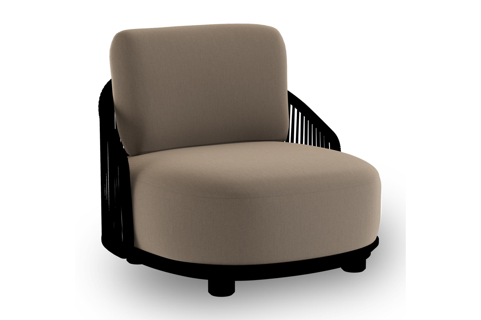 Fauteuil de jardin Vadelo en aluminium noir et corde ronde tissée verticalement noir et coussins en all weather sunbrella® luxe natte heather grey