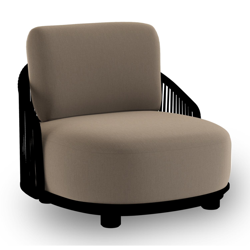 Fauteuil de jardin Vadelo en aluminium noir et corde ronde tissée verticalement noir et coussins en all weather sunbrella® luxe natte heather grey