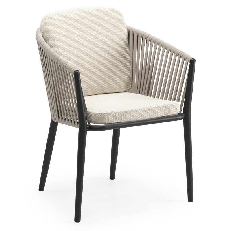 Chaise de jardin Orso en aluminium noir et corde plate tissée verticalement beige avec coussin luxe en All Weather Cosytica Althea Off White