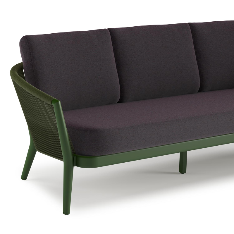 Orso loungeset in groen aluminium en groen verticaal geweven ronde rope met Tundra Red all weather sunbrella® luxe kussen