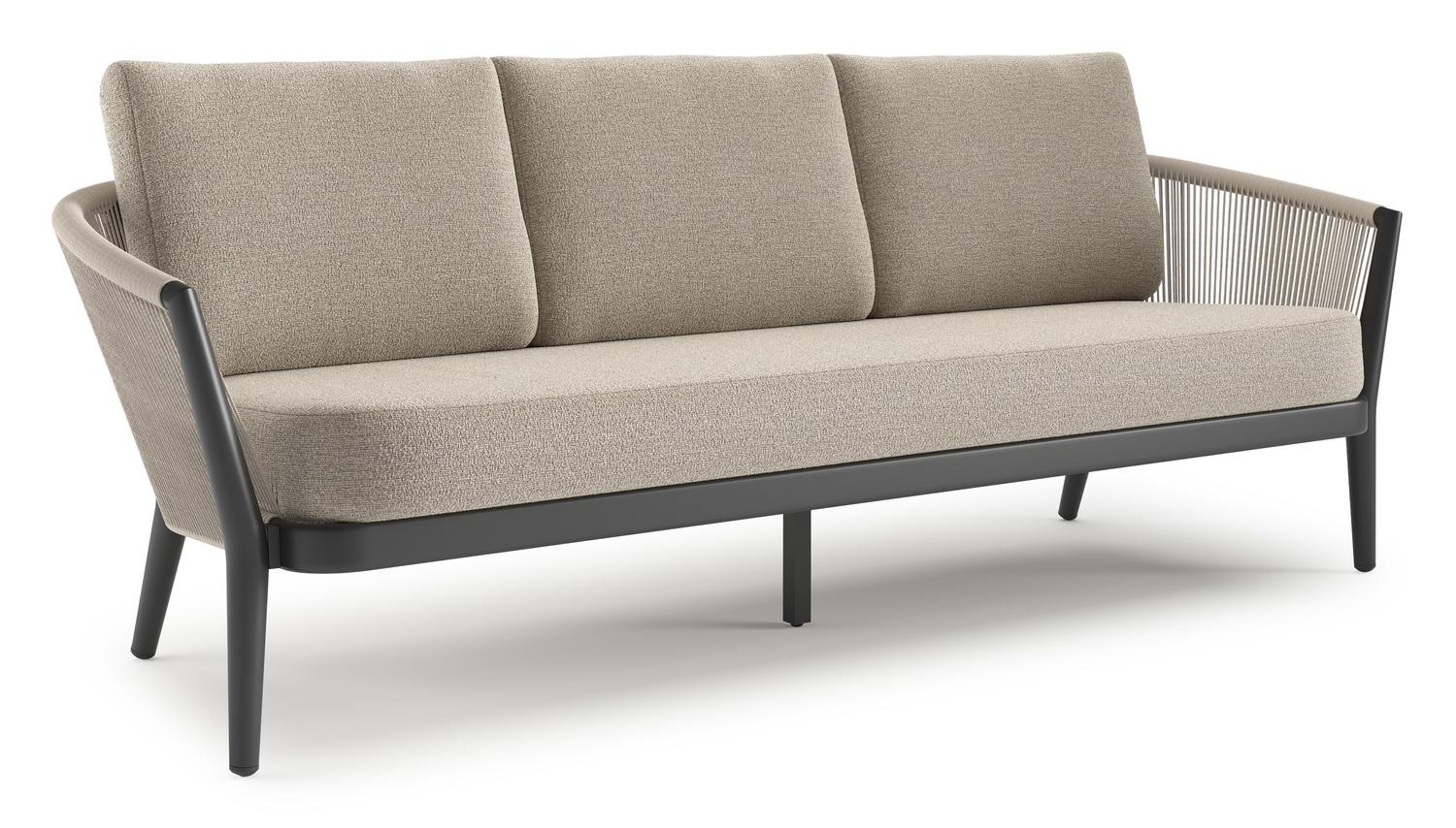 Orso loungebank in zwart aluminium en beige verticaal geweven ronde rope met Catania Greige all weather cosytica kussen