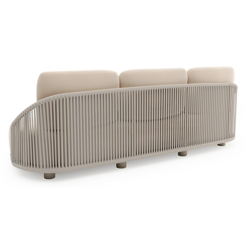 Salon de jardin Vadelo en aluminium beige et corde ronde tissée verticalement beige et coussins en all weather sunbrella® luxe natte linen chalk