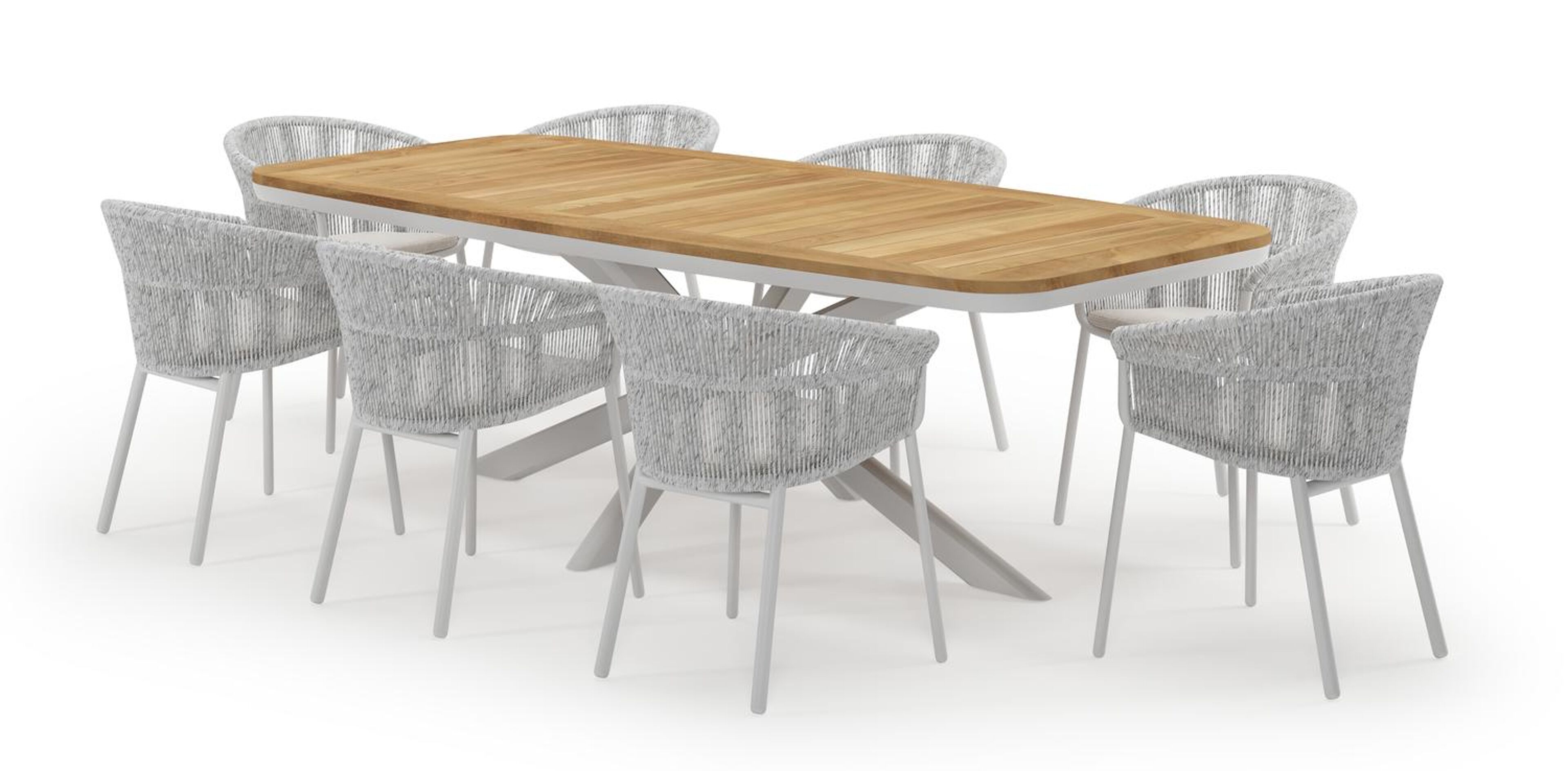 Pamplona bootvormige tuinset in wit aluminium en teak natural finish met 8 Matera tuinstoelen